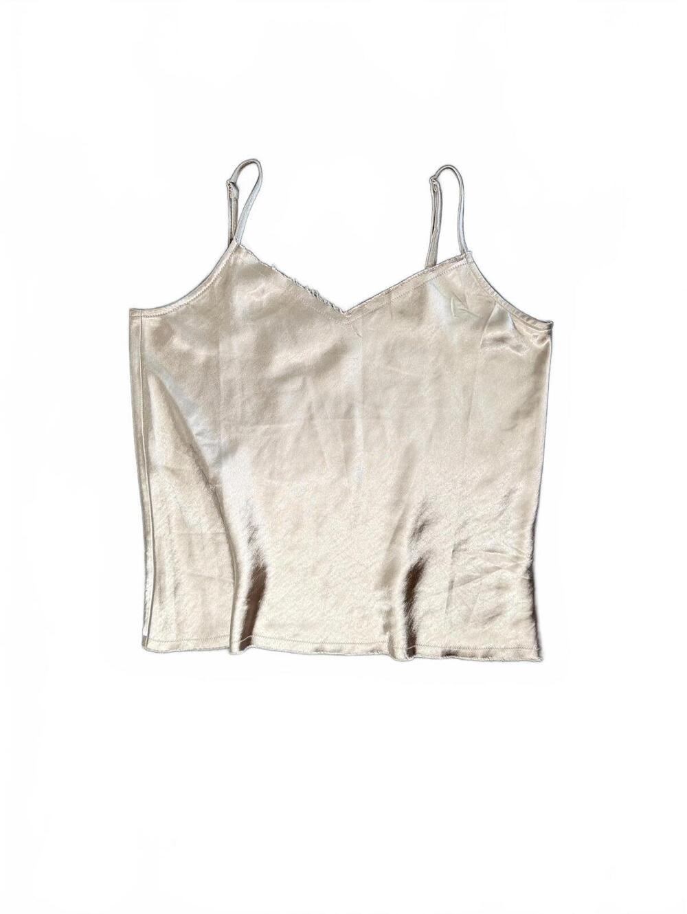 Grade & Gather Silky Beige Satin Camisole Top with Raw Edge Detail - Size Small